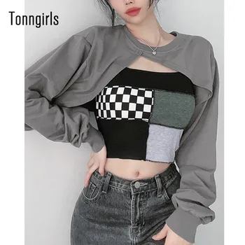 Tonngirls Σέξι Μπλούζα Γυναίκες Μπροστά Big Hollow Μακρύ Μανίκι Μπλουζάκι Μανδύα Πουλόβερ, T-shirt Και Σετ Slim Crop Tops Streetwear