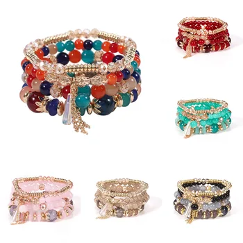 4Pcs/Set Boho Πολύχρωμο Χάντρες Βραχιόλι Για Γυναίκες Μόδας Φούντα Γοητείας διακοσμημένα με Χάντρες Γυαλί Αλυσίδα Wristband Θηλυκό Δώρων Κοσμήματος