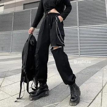 Νέα Gothique Cargo Παντελόνι Γυναικών Punk Αλυσίδα Γοτθικό Harajuku Μαύρο Παντελόνι Κορέας Μόδας Υψηλή Μέση Παντελόνι Φόρμας Γυναικείο