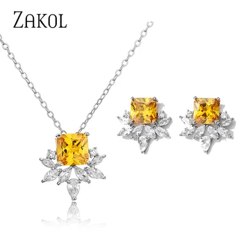 ZAKOL Νέα Εξαιρετική Κίτρινο Τετράγωνο Κυβικά Ζιρκονία Κοσμήματα Ορίζει για τις Γυναίκες της Μόδας Φύλλο Κόμμα Σκουλαρικιών Περιδεραίων Σύνολο SP3359