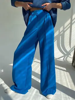 Μόδας Μπλε Γραφείο Γυναικών Παντελόνι Ευρύ Μέχρι Casual Πλισέ Pant Θηλυκό 2022 Άνοιξη Νέα Υψηλή Μέση Πάτωμα-Μήκος γυναικείου Χαλαρό Παντελόνι
