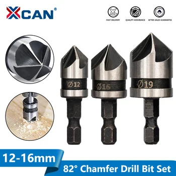 XCAN 82 Βαθμούς Chamfer Drill Bit Set 12/16/19mm 5 Φλάουτο Ξύλινο λειτουργώντας Κομμάτι Τρυπανιών Κοπτών Countersink Τρυπάνι Bit