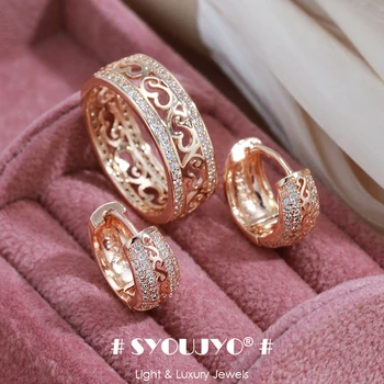 SYOUJYO Vintage 585 Αυξήθηκε Χρυσό Χρώμα Σύνολο Κοσμήματος Κοίλο Σχέδιο Διπλός Υπόλοιπος κόσμος Πυροδοτώντας Φυσικό Διαμάντι Γάμος Σκουλαρίκια Δαχτυλίδι