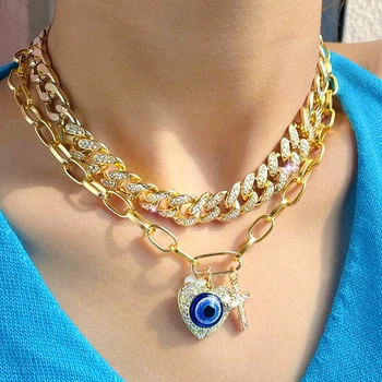 Vintage Τουρκική Κρύσταλλο Καρδιά Του Κακού Μάτια Της Κούβας Αλυσίδα Κολιέ Για Γυναίκες Άνδρες Πολυστρωματικό Χρυσό Χρώμα Μετάλλων Αλυσίδα Κολιέ Κοσμήματα