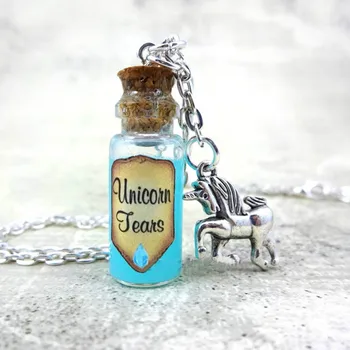 Unicorn Δάκρυα Κολιέ Μπουκάλι Πραγματικό Κινούμενο Υγρό Γυαλί Μπουκάλι Φελλό Κολιέ Φίλτρο Φιαλίδιο Γοητεία Μπλε Λάμψη Υγρό Μαγικά Ξόρκια
