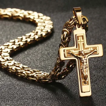 Ο ιησούς Σταυρού Μακρά Βυζαντινή Αλυσίδα από Ανοξείδωτο Χάλυβα Κολιέ, Κρεμαστά κοσμήματα για τους Άνδρες Χριστιανικό Σταυρό Κολιέ Θρησκευτικό Κόσμημα περιλαίμιο