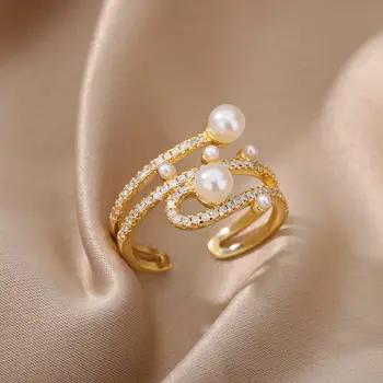 Διευθετήσιμο Μίμησης Μαργαριτάρια, Δαχτυλίδια για τις Γυναίκες Πολυτελή Τρία Στρώματα Ζιργκόν Δαχτυλίδι Ανοξείδωτου 2022 Τάση Αισθητική του Γάμου Κοσμήματος
