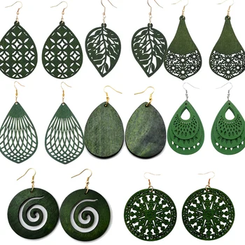 Γυναικών Vintage Πράσινο Χρώμα Νερού Drop Σκουλαρίκια Από Ξύλο Κοίλος Στρογγυλός Σχεδιαστής Κρεμαστών Κοσμημάτων Σκουλαρίκια Μόδας Κοσμήματος Δώρων