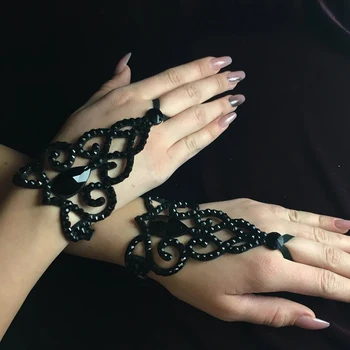 Μαύρο Κρύσταλλο Βραχιόλι Link Καρπών Αλυσίδα Δάχτυλο για τις Γυναίκες Διευθετήσιμο Βραχιόλι Rhinestone με τα Δαχτυλίδια Χέρι Κοσμήματα Γάμου Χορού