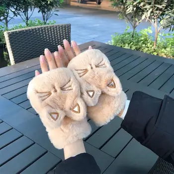 Κινούμενων σχεδίων Βελούδου Γάτα Αρκούδα Fingerless Γάντια Γουνών Γάντια Χειμώνα Μαλακό Θερμά Παχιά Γάντια για τις Γυναίκες, Κορίτσι Half Finger η Κρύος-Απόδειξη Γάντια