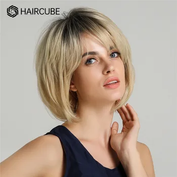 HAIRCUBE Σύντομη Ombre Ξανθιά Περούκα με Αφέλειες για τις Λευκές Γυναίκες, Φυσική Καθημερινή Μπομπ Περούκες Ανθρώπινα Μαλλιών Μείγμα Συνθετική Ίνα Ανθεκτική στη Θερμότητα