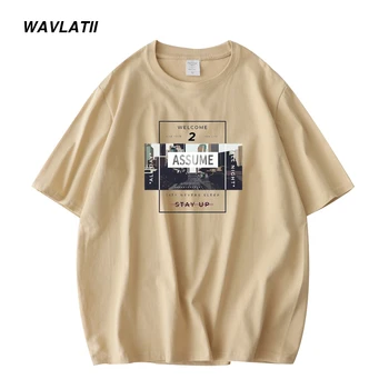 WAVLATII Νέο Δροσερό Εκτύπωσης μπλουζών Βαμβακιού για τα άτομα Χακί O-λαιμό Κοντό Μανίκι Tees Αρσενικό Μαύρο Λευκό Καλοκαίρι Περιστασιακές Κορυφές WMT2303