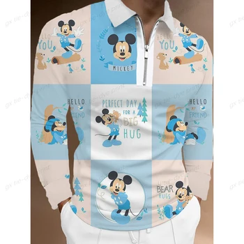 2022 Disney Παπιών του Donald Μίκυ Μάους Πουκάμισο Πόλο των Ανδρών Μακροχρόνιο Πέτο Μανικιών Φερμουάρ Slim Περιστασιακή κινούμενα σχέδια Ψηφιακής Εκτύπωσης Πουκάμισων Πόλο των ατόμων