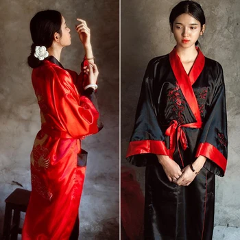 Καινοτομία Αναστρέψιμη Μαύρο Κόκκινο Γυναικών Yukata Κιμονό Κεντητικής Σατέν Δράκος Νυχτικό Ένα Μέγεθος Φόρεμα Ρόμπα Δύο Πλευρά Πιτζάματα
