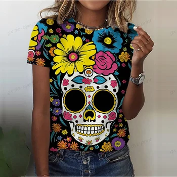 Τρομακτικό Κρανίο, Λουλούδι Εκτύπωσης Καλοκαίρι, για Γυναίκες T-πουκάμισο O-λαιμό Κοντό Μανίκι Δρόμο Δροσερό Κορυφές Ταφ των Γυναικών Υπερμεγέθη Ρούχα Casual Τοπ
