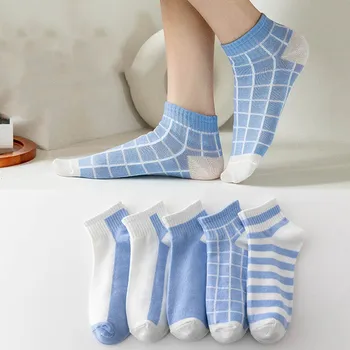 5 Ζεύγη Νέα κινούμενα σχέδια για Γυναίκες Πλέγμα Κάλτσες την Άνοιξη Casual Πολυεστέρα Βαμβακιού Κάλτσες Μπλε Καρό κολεγιακό Στυλ για Γυναίκες Κάλτσες