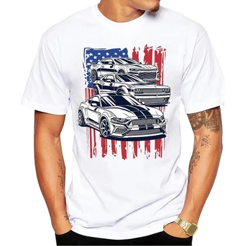 Νέα Καλοκαίρι για Άνδρες με Κοντό Μανίκι Πλήρωμα Mustang, Camaro Challenger Αυτοκίνητο Τυπωμένο T-shirt για Αγόρια, Casual T-shirt Λευκό Cool Top