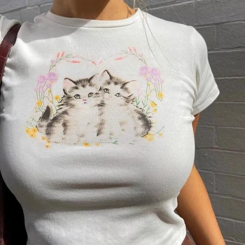 Goth Κορίτσι Γλυκό Χαριτωμένο T Shirt Γυναικών Χαριτωμένο Γάτα Εκτύπωσης O Λαιμό Slim Short Cropped Top 90 Σέξι Street Casual Γραφικών Y2K T Shirt κορυφές