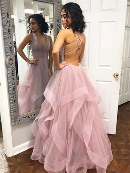 Απλό Βαθύ V-λαιμό Πλισέ Οργάντζα Prom Φόρεμα Ανοιχτή Πίσω Μια Γραμμή από το Επίσημο Κόμμα το Βράδυ Φόρεμα Πολυ βαλμένα σε Στρώσεις Γαμήλια Guest Φόρεμα