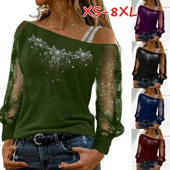 Γυναικών Μόδας Περιστασιακά Διαγώνια Γιακά Μακρύ Μανίκι Κορυφές Κυρίες Σέξι Από τον Ώμο Χαλαρά T-shirts Καθαρό Νήματα Πουλόβερ, Μπλούζες