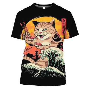 Vintage T Shirt Men 2022 Ιαπωνικό Στυλ Κοντό Μανίκι Κορυφές 3D Γάτα Τατουάζ Εκτύπωσης O-λαιμός T-shirts Υπερμεγέθη μπλουζάκια ανδρικά Ενδύματα
