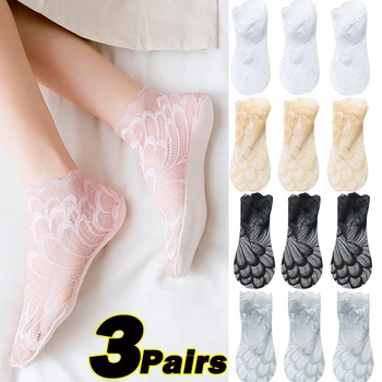 3Pairs Καλοκαίρι Λουλουδιών Δαντελλών Πλέγματος Κάλτσες, για Γυναίκες Μη-slip Αόρατο Κάλτσα Γυναικείο Ελαστικό Άνετο Λεπτό Διαφανές Αναπνεύσιμες Κάλτσες Αστραγάλων