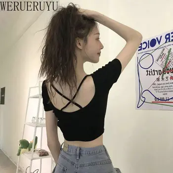 Νέο Μαύρο Εξώπλατο T Shirt Γυναικών Ρούχα Το Καλοκαίρι Σέξι Αισθητική Καλλιέργεια Τοπ Με Κοντό Μανίκι Κορέας Μόδας Harajuku Λευκό Tshirt 2022