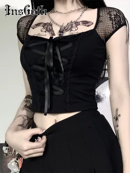 InsGoth Vintage Κορυφές Goth T-shirt Γυναίκες Bodycon Επίδεσμο Δαντέλα Μαύρο T-shirts Γοτθικό Streetwear Σέξι Θηλυκό Τοπ Περιστασιακά Πλέγμα Τεε