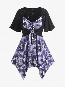 ROSEGAL Συν Μέγεθος Γυναικών T-Πουκάμισα Μαύρο Κοίλο Έξω Crop Top Και Γραβάτα Χρωστική ουσία Κόμπο Κουμπιά Cami Top Set Μόδας της Νέας Τεε Γιλέκο