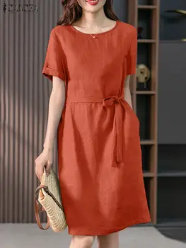 Εκλεκτής ποιότητας Γυναικών Φόρεμα του Καλοκαιριού Περιστασιακό Κοντό Μανίκι Στερεό Βαμβακιού Sundress ZANZEA Μόδας Θηλυκό Μέρος της Εργασίας, το Γόνατο-μήκος Vestido Καφτάνι